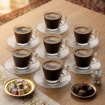 6 Lı Cam Kahve Fincanı Seti Çizgili Desenli Şeffaf Fincan Ve Tabak Takımı 8 Cm Espresso Türk Kahvesi Sunum Seti Açık Gri