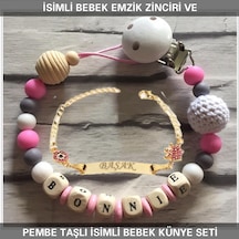 Sahi Aksesuar İsimli Bebek Emzik Zinciri ve İsimli Bebek Künye Seti BEZYI301 Pembe