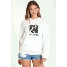 Saturn Baskılı Beyaz Kadın Kapşonlu Sweatshirt (534811671)