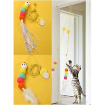 Patibon Kedi Oyuncağı Tüylü Renkli Ponpon 2m İpli