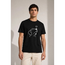 Erkek Köpek Figürlü Minimal Baskılı Tişört Kısa Kol Yazlık T-shirt - Siyah