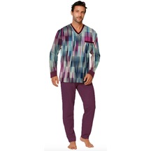 Çok Renkli Çizgili Cep Detaylı Altı Mürdüm Pijama Takımı