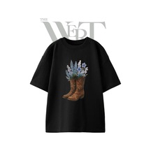 Thewert Cicekli Kovboy Cizmesi Tasarım Baskılı Ünisex Siyah Oversize T-shirt