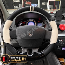 Renault Fluence Dikme Direksiyon Kılıfı Delikli Deri Parlak Siyah Bej Detay Çift Yüzük Ve Dikiş 2009-2016