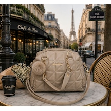 Housebags Monceau New Trend El Ve Omuz Çantası + Pofuduk Pon Pon Charm Vizon