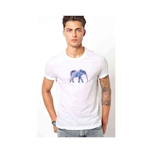 Mor Ve Mavi Fil Boyama Fil Baskılı Beyaz Erkek Tshirt