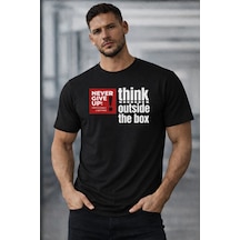 Herkesemoda Think Outside Yazı Detaylı Basic T-shirt Siyah