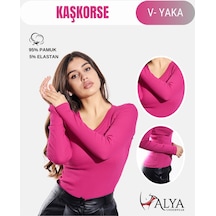 Alya Underwear Pamuklu Kaşkorse V Yaka Body Sweatshirt, Fitilli Kumaş Likralı Bluz, Asker Yeşili Badi Fuşya Melanj