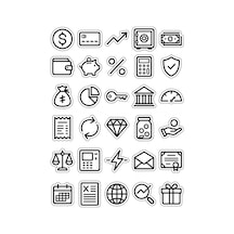 30 Adet Minimalist Finans İkon Sticker Seti - Laptop Defter Ajanda İçin Sade Tasarım Çok Renkli