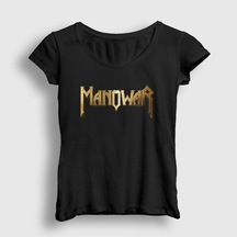 Presmono Kadın Gold Logo Manowar T-shirt Siyah