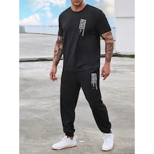 Chinese T-shirt Eşofman Altı Jogger- Siyah Baskılı Alt Üst Eşofman Takım Oversize Bisiklet Yaka Siyah