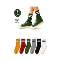 Worthy Socks 6'lı Kadın Çizgili Renkli Kolej Spor Çorap Seti Tenis Stili 6 Çift Çok Renkli