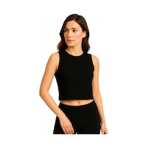 İngegno Body Bisiklet Yaka Sıfır Kol Crop %95 Viskon Ring Örme Kumaş Body Siyah