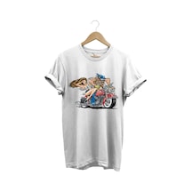Motosiklet Motor Süren Adam Ve Kadın Baskılı %100 Pamuk Regular Fit T-shirt Beyaz