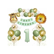 Safari Temalı 1 Yaş Doğum Günü Balon Seti, Aslan Zürafa Folyo Balon, Rakam Balon, Happy Birthday Pankartı Çok Renkli