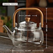 Bambu Saplı Isıya Dayanıklı Borosilikat Cam Süzgeçli Demlik 1000ml, Isıya Dayanıklı Cam Bitki Çayı Demliği 1000ml