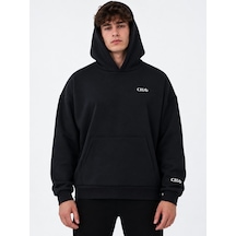 We&me Oversize Geniş Kalıp Baskılı Kapüşonlu Erkek Sweatshirt Siyah