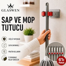 6 Adet Paspas Süpürge Fırça Ve Mop Askısı Sap Tutucu Mutfak Banyo Askı Yapışkanlı Düzenleyici Askılık Gri