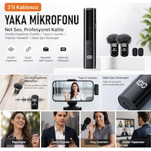 Buffer 2'li Kablosuz Yaka Mikrofonu, Type-c Uyumlu, Gürültü Engelleme Özellikli Ve Tripod'a Takılabilir Dijital Şarj Gös
