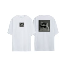 Thewert Unisex Gözlüklü Kedi Ön Arka Baskılı Beyaz Oversize T-shirt