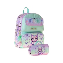 Kaukko Kids Meow Yeşil - Mor Kız Çocuk İlkokul Sırt Çantası Ve Kalem Çantası Seti - Setkk-l5288c Çok Renkli