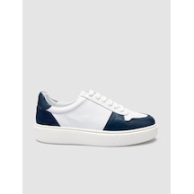 Cabani %100 Hakiki Deri Beyaz - Mavi Bağcıklı Erkek Sneaker Beyaz