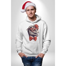 Kırmızı Gözlük Papyon Dinazor Kadın Erkek Beyaz Kapüşonlu Sweatshirt Hoodie Beyaz