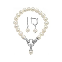Halka Kilitli Doğal İnci Küpe Bileklik İkili Set 18 Cm / Beyaz Gümüş