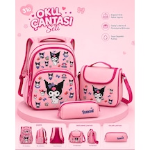 Kuromi Desenli Pudra Renk Üçlü Kız Çocuk İlkokul Okul Çantası + Termal Beslenme Çantası + Kalemlik Pudra Pembe