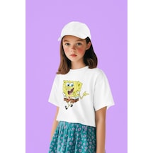 Sevbano Süngerbob Baskılı Unisex Çizgi Film Çocuk Tişört 1-12 Yaş Beyaz