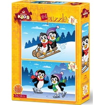 Neşeli Penguenler Kutulu Puzzle/Yapboz 12+24 Parça