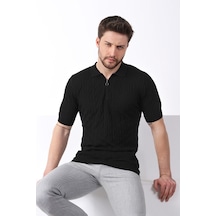 Ferraro Siyah Polo Yaka Fermuarlı Erkek Pamuk Triko T-Shirt-Siyah (417942689) Siyah