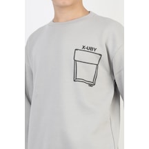 Baskı Detaylı Bisiklet Yaka Erkek Çocuk Sweatshirt-90910 Gri