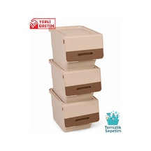 3 Katlı Tekerlekli Kapaklı Saklama Kutusu, Eşya Ve Erzak Organizer 3x12 Litre Kahverengi Bej Bej