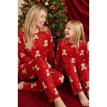 Siyah İnci Yılbaşı Temalı Desenli Termal Kumaşlı Ultra Soft Yumuşak Örme Pijama Takımı 26226901 Kırmızı