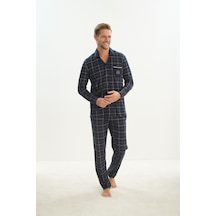 Sevim Erkek Uzun Kol Gömlek Yaka Önden Düğmeli Lacivert Pijama Takım C5t3n5o9 001
