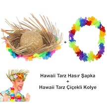 Hawaii Tarzı Tropikal Çiçekli Hasır Şapka Ve Çiçekli Hawaii Kolye 5691