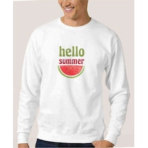 Hello Summer Baskılı Beyaz Erkek Örme Sweatshirt