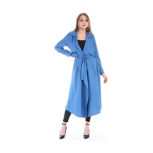 Apoletli Yanları Yırtmaçlı Kuşaklı Uzun Indigo Kadın Ceket