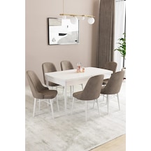 Familieconcept Almira Serisi, Beyaz 80x132 Açılabilir Mdf Mutfak Masası Takımı 6 Adet Sandalye Cappuccino