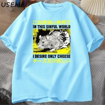 Flood Of Style Ben Arzu Sadece Peynir T-shirt Erkekler Komik Pamuk Japon Sıçan Grpahic Tees Casual Pamuk Kıs Mavi