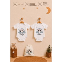 Pia Baby İsme Özel Erkek Bebek Hediyesi 2'li %100 Pamuk Organik Baskılı Çıtçıtlı Body Zıbın Ve Ham Bez Kıyafet Kesesi 1033b2k6x Krem