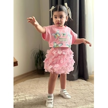 Cg Kids Kelebek Baskılı Pembe Kelebek İşlemeli Etekli Kız Çocuk Alt Üst Takım Süper Kalite Açık Pembe