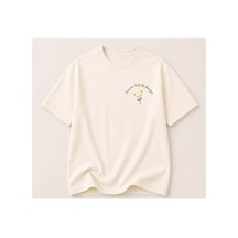 Herkesemoda Papatya Baskılı Kadın Bisiklet Yaka Pamuklu T-shirt Krem