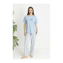 Estiva Kadın Kareli Alt Desenli Mavi Penye Lycra Kısa Kollu Pijama Takımı Çok renkli