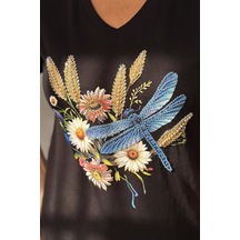 Femelle Kadın Siyah V Yaka Yusufçuk Desenli Pul Payet Boncuk İşlemeli %100 Pamuk T-shirt