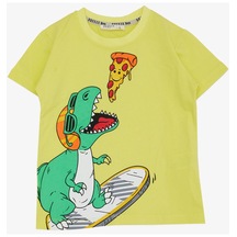 Breeze Erkek Çocuk T-shirt Pizza Yiyen Mutlu Dinozor Baskılı 2-6 Yaş Sarı