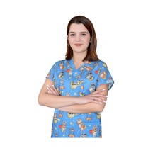 Unisex Master Likra Maskeli Kedi Temalı Pamuklu Likralı Scrubs Tek Üst Forma Karışık Karışık