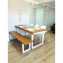 Doğal Ahşap Yemek Masası 6 Kişilik -80-140-76 Cm Beyaz Metal Ayak