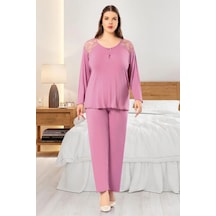 Faal 8804 Kadın Büyük Beden Uzun Kollu Dantel Detaylı Pijama Takım-gülkurusu GÜL KURUSU